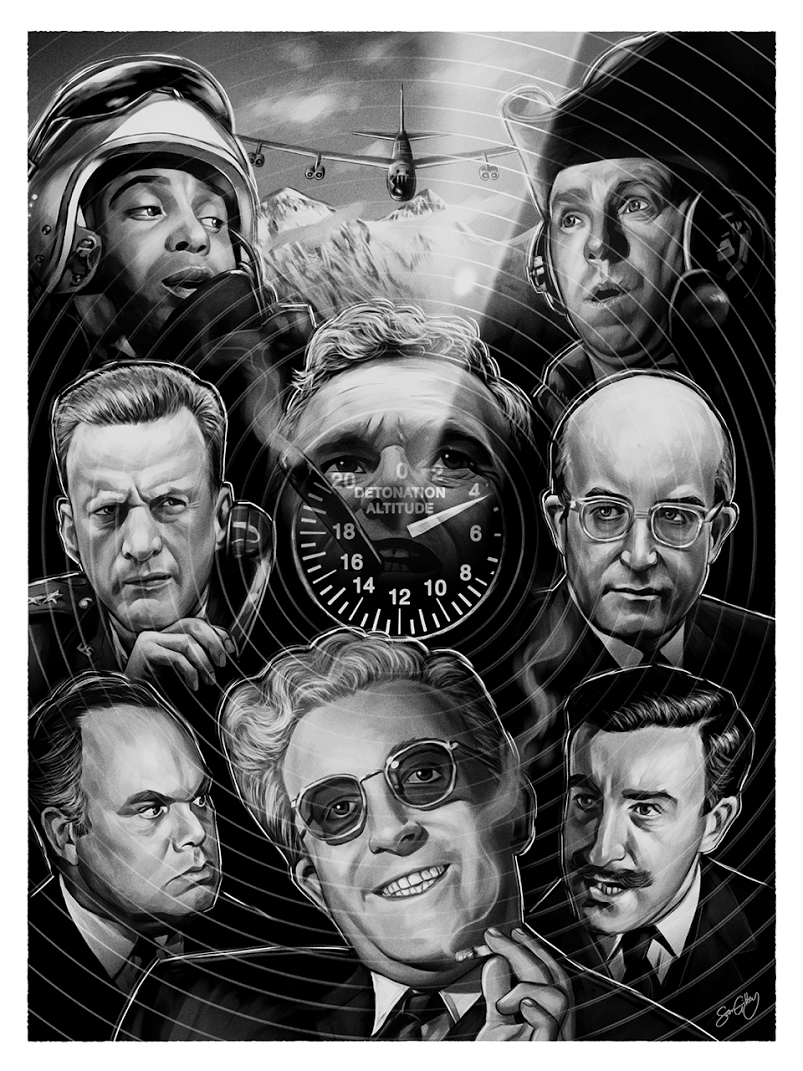 The illustration by Sam Gilbey features eight men near a bombs altitude dial, with a smiling central figure in glasses contrasting the various military and civilian expressions. A plane looms in the background, capturing a doomsday gap in fine art giclee style.