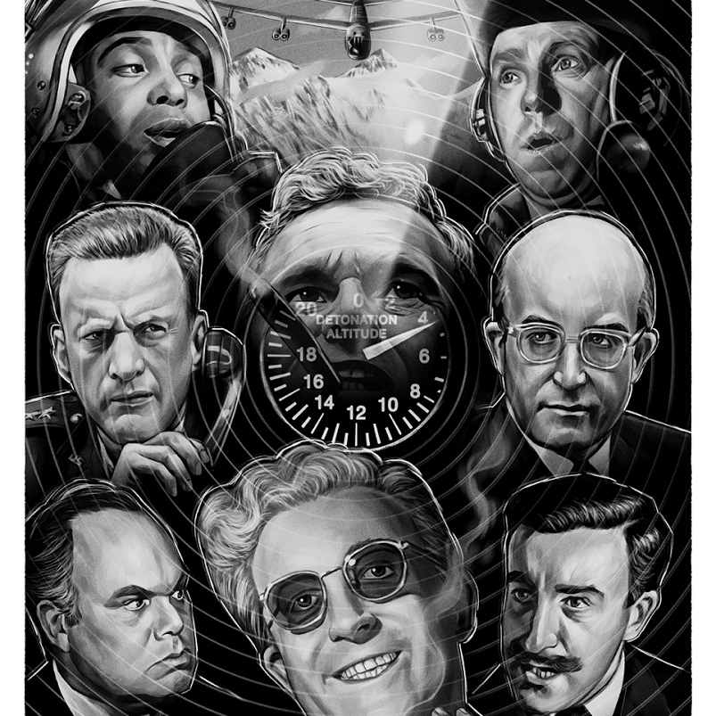 The illustration by Sam Gilbey features eight men near a bombs altitude dial, with a smiling central figure in glasses contrasting the various military and civilian expressions. A plane looms in the background, capturing a doomsday gap in fine art giclee style.