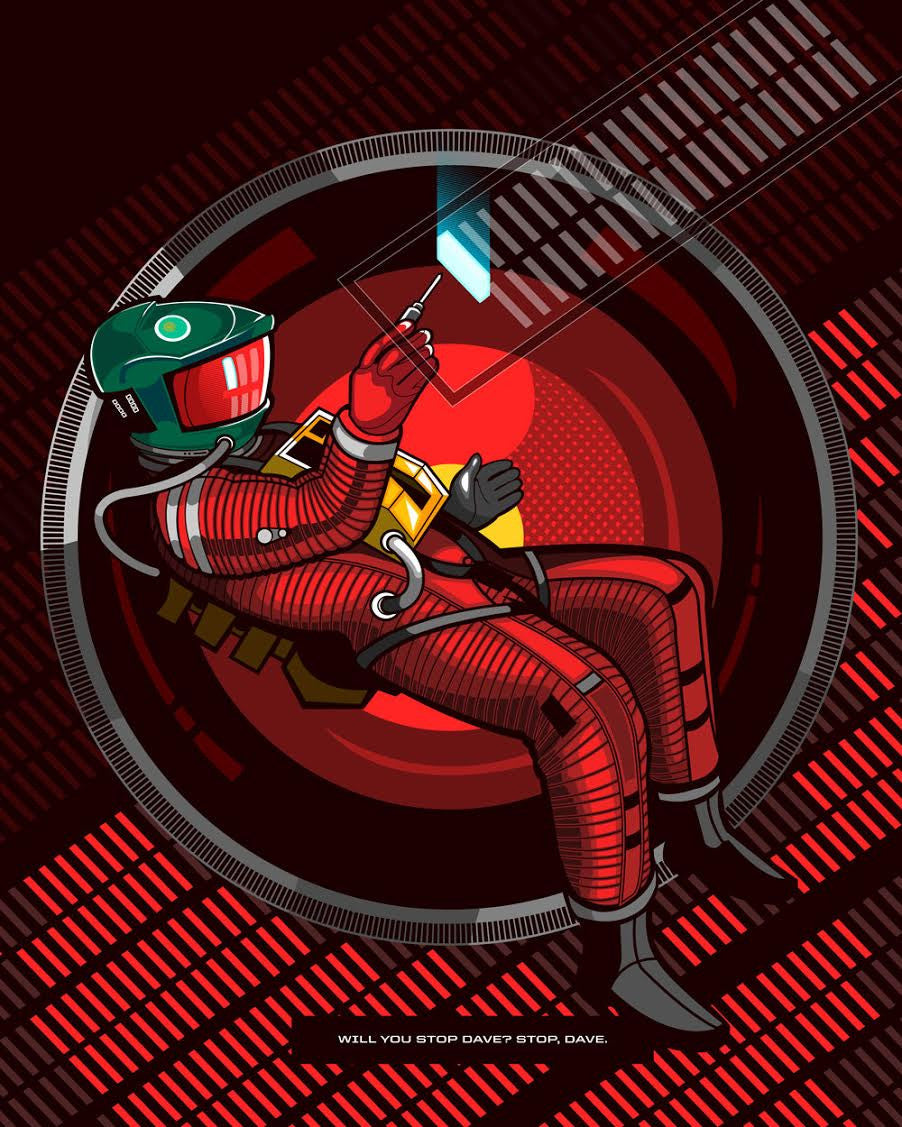 Sam Hos illustration features a person in a red spacesuit floating in a circular, futuristic setting. Theyre holding a stylus and interacting with a transparent screen amidst red and black patterns. The text STOP DAVE is at the bottom. Available as a Giclee Print.