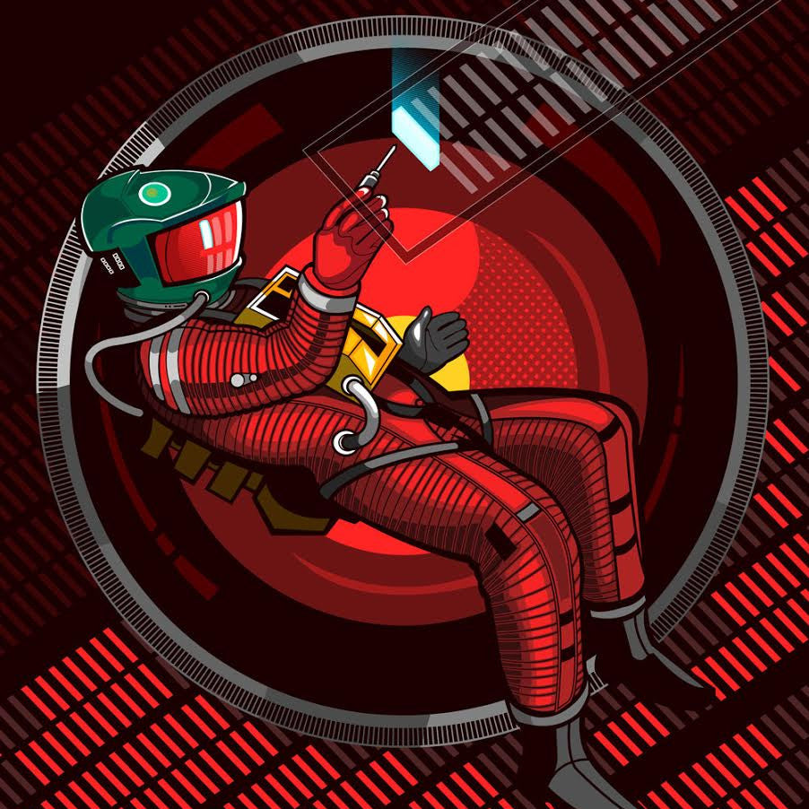 Sam Hos illustration features a person in a red spacesuit floating in a circular, futuristic setting. Theyre holding a stylus and interacting with a transparent screen amidst red and black patterns. The text STOP DAVE is at the bottom. Available as a Giclee Print.