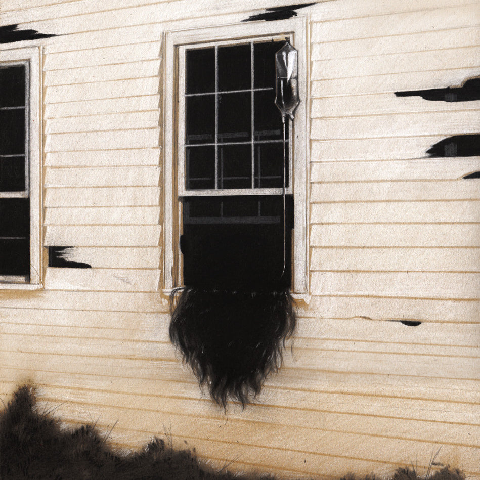 A blackened window of a white clapboard house with a dark, furry mass hanging from it features scorched marks on the siding, reminiscent of a Sam Wolfe Connelly piece. Shadows and smudges enhance the haunting atmosphere.