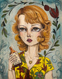 Dolores Chanel, with wavy blonde hair, is depicted holding a Feel Better Elixir bottle. She wears a yellow dress adorned with red and green floral patterns and a heart-shaped necklace. The Sandi Calistro-styled background emulates a Martin Scorsese art show with stylized leaves and flowers.