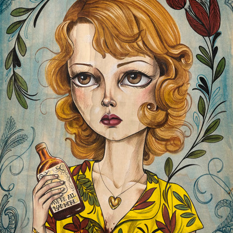 Dolores Chanel, with wavy blonde hair, is depicted holding a Feel Better Elixir bottle. She wears a yellow dress adorned with red and green floral patterns and a heart-shaped necklace. The Sandi Calistro-styled background emulates a Martin Scorsese art show with stylized leaves and flowers.