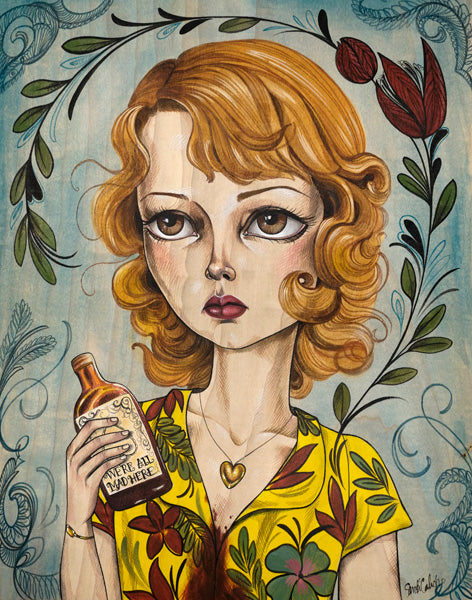 Dolores Chanel, with wavy blonde hair, is depicted holding a Feel Better Elixir bottle. She wears a yellow dress adorned with red and green floral patterns and a heart-shaped necklace. The Sandi Calistro-styled background emulates a Martin Scorsese art show with stylized leaves and flowers.