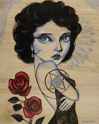 Sandi Calistros acrylic painting captures a vintage, theatrical essence with a woman featuring expressive eyes and curly black hair. Holding a microphone near roses against an intricate wooden texture, its inspired by Dorothy Vallens—ideal for the Spoke Art Gallery collection.
