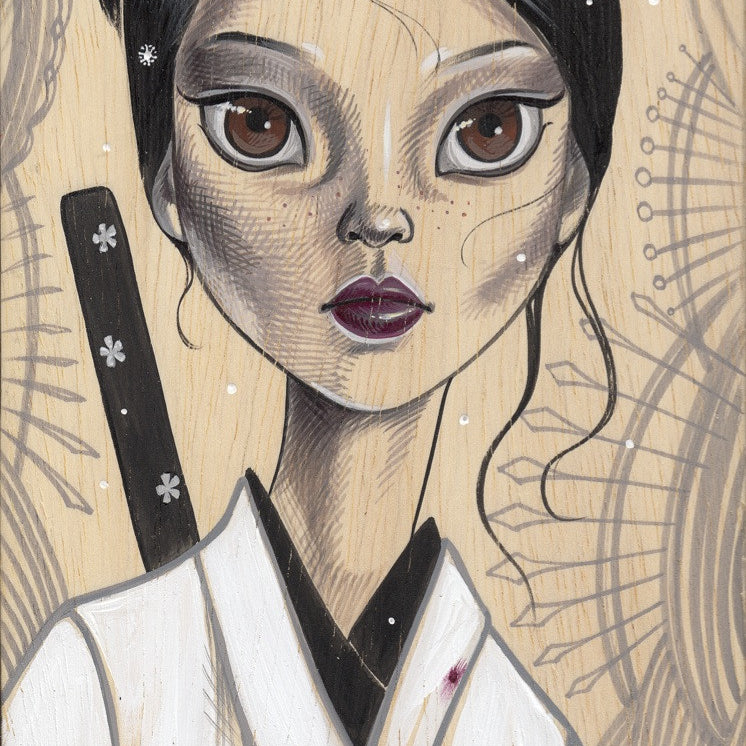 A woman inspired by O-Ren Ishii, with large eyes and dark hair, is depicted in a white kimono marked with red stains and a katana on her back. The background, in the style of Sandi Calistro, includes textured swirls and dots resembling snowflakes.