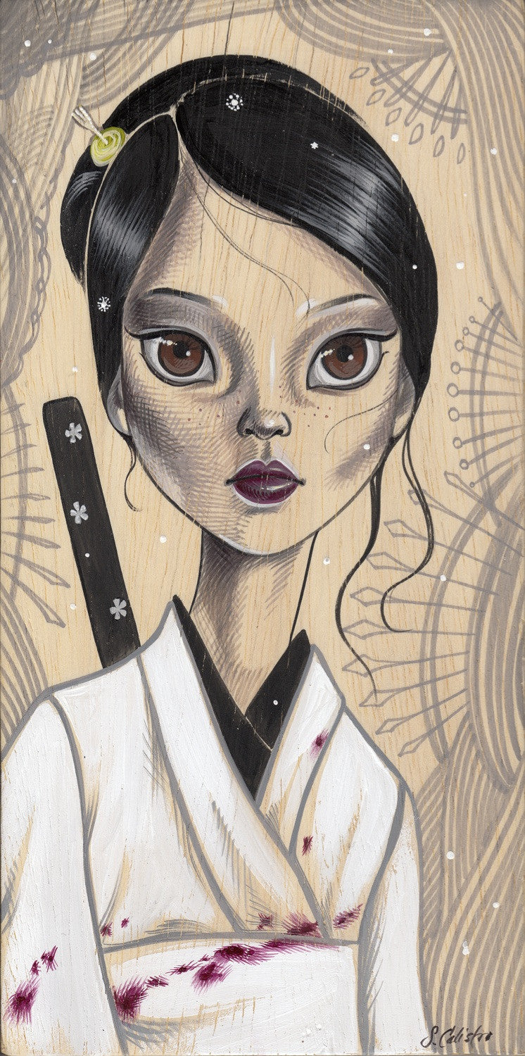 A woman inspired by O-Ren Ishii, with large eyes and dark hair, is depicted in a white kimono marked with red stains and a katana on her back. The background, in the style of Sandi Calistro, includes textured swirls and dots resembling snowflakes.