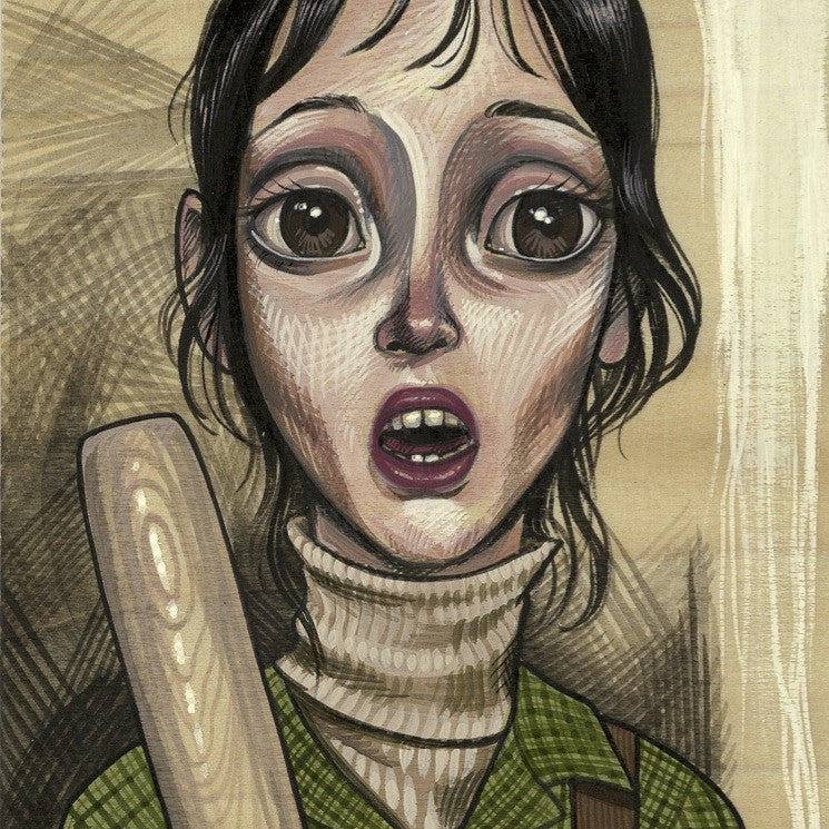 Sandi Calistros acrylic on wood illustration captures Wendy Torrance with wide eyes and an open mouth clutching a bat. Her long dark hair, green plaid shirt, and beige turtleneck against a textured backdrop convey shock in stunning detail, reflective of Calistros signature style.