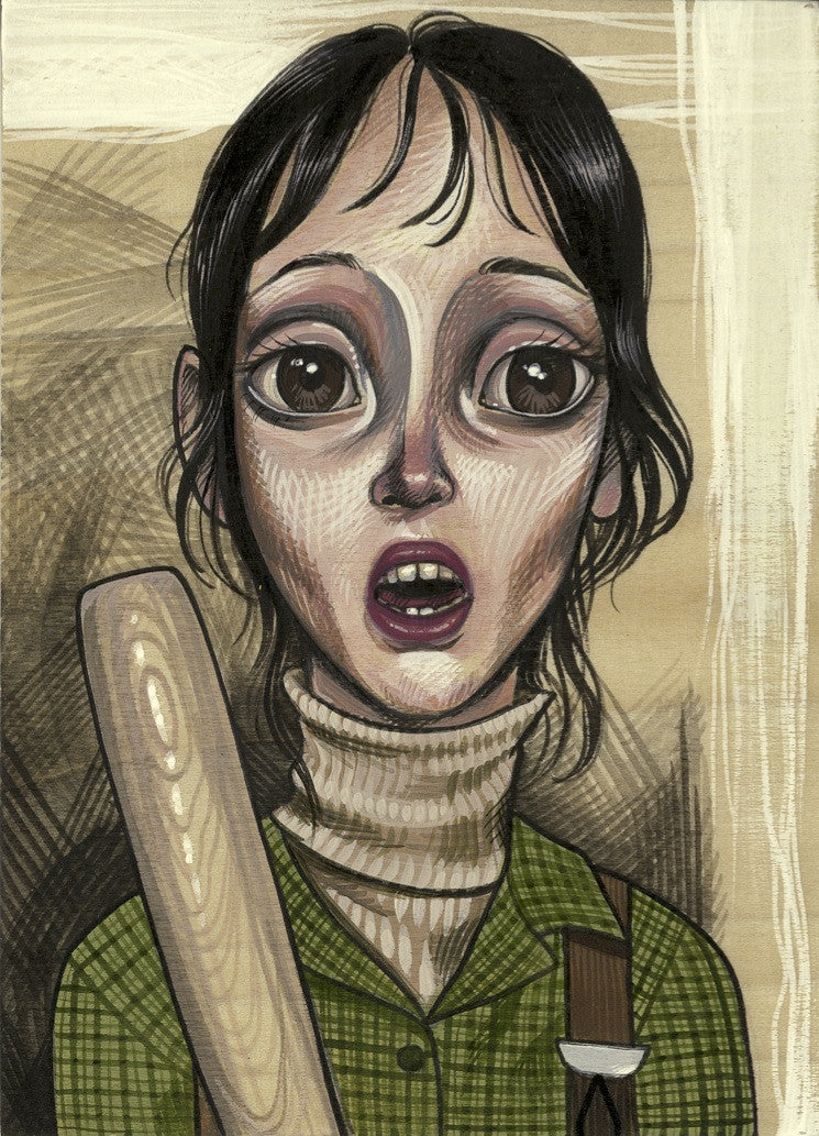 Sandi Calistros acrylic on wood illustration captures Wendy Torrance with wide eyes and an open mouth clutching a bat. Her long dark hair, green plaid shirt, and beige turtleneck against a textured backdrop convey shock in stunning detail, reflective of Calistros signature style.