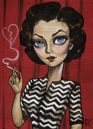 Sandi Calistros acrylic on wood illustration features a woman with a vintage Audrey Horne hairstyle, holding a cigarette with heart-shaped smoke. Her bold zigzag blouse contrasts against the rich red curtain backdrop.