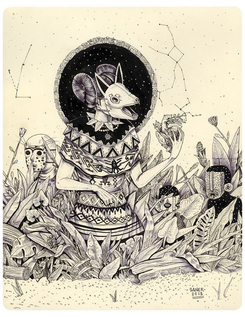 A mystical Saner-style illustration shows a humanoid with an animal head in patterned attire amidst lush foliage, holding a heart. Constellations enhance the surreal and intricate scene.