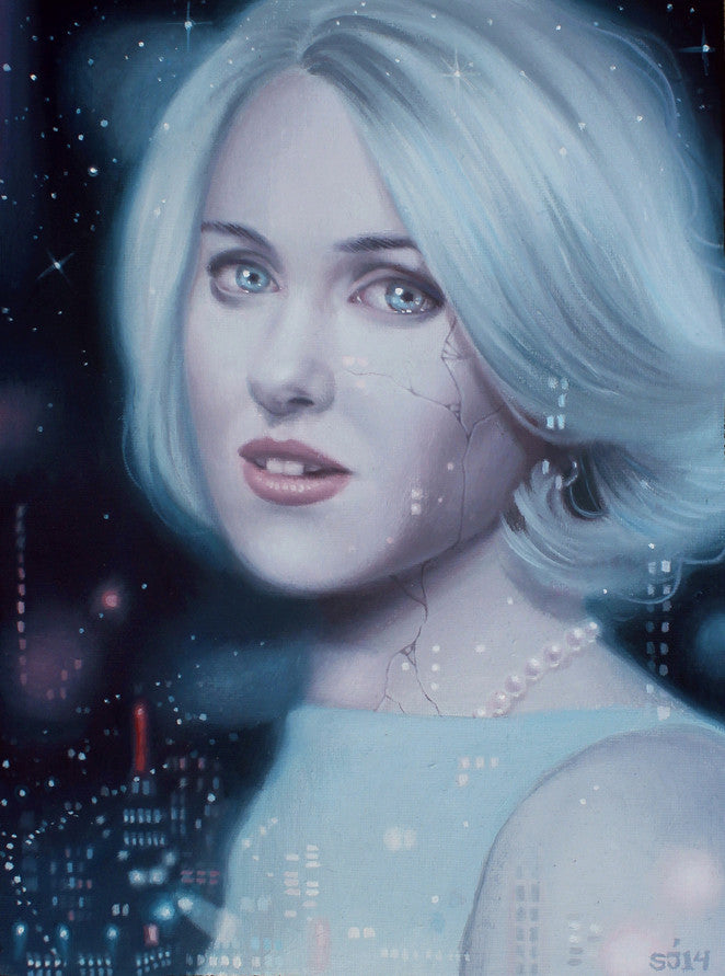 Sarah Joncas presents a dreamlike oil on canvas capturing a blue-eyed woman with white hair. Her cracked skin is adorned with a pearl necklace and light blue top, set against starry skies and faint city lights.