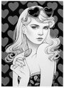 An illustration of a woman with wavy hair, heart-shaped sunglasses on her head, and a lollipop in hand exudes a Lolita vibe. She gazes sideways against dark hearts, inspired by the Sarah Joncas style with hints of graphite and ink artistry.