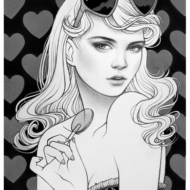 An illustration of a woman with wavy hair, heart-shaped sunglasses on her head, and a lollipop in hand exudes a Lolita vibe. She gazes sideways against dark hearts, inspired by the Sarah Joncas style with hints of graphite and ink artistry.