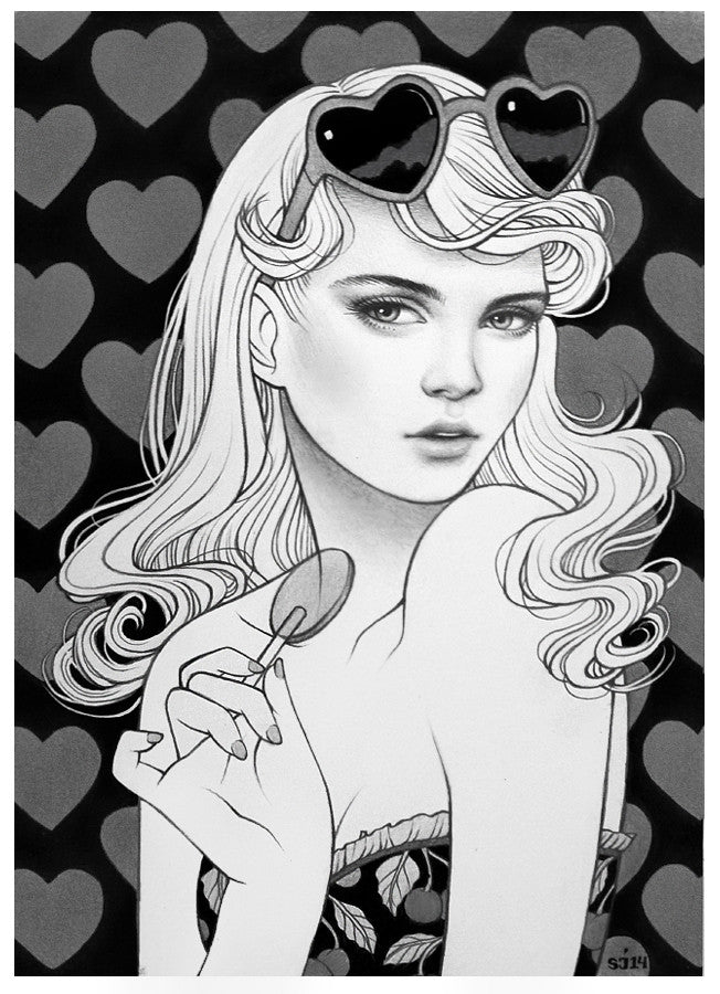 An illustration of a woman with wavy hair, heart-shaped sunglasses on her head, and a lollipop in hand exudes a Lolita vibe. She gazes sideways against dark hearts, inspired by the Sarah Joncas style with hints of graphite and ink artistry.