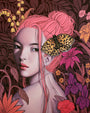 Sarah Joncas-style digital artwork features a pink-haired woman surrounded by flowers, with a large butterfly on her head and a backdrop of vibrant, stylized blooms and leaves, capturing an acrylic and oil on canvas surreal atmosphere.