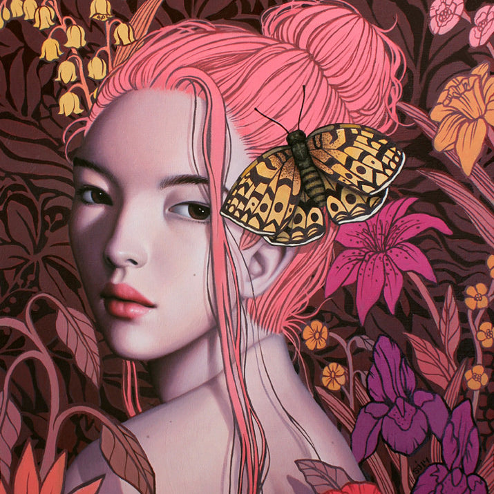 Sarah Joncas-style digital artwork features a pink-haired woman surrounded by flowers, with a large butterfly on her head and a backdrop of vibrant, stylized blooms and leaves, capturing an acrylic and oil on canvas surreal atmosphere.