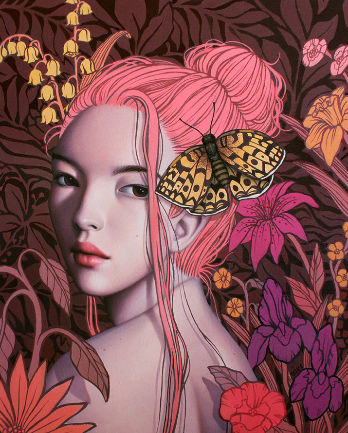 Sarah Joncas-style digital artwork features a pink-haired woman surrounded by flowers, with a large butterfly on her head and a backdrop of vibrant, stylized blooms and leaves, capturing an acrylic and oil on canvas surreal atmosphere.