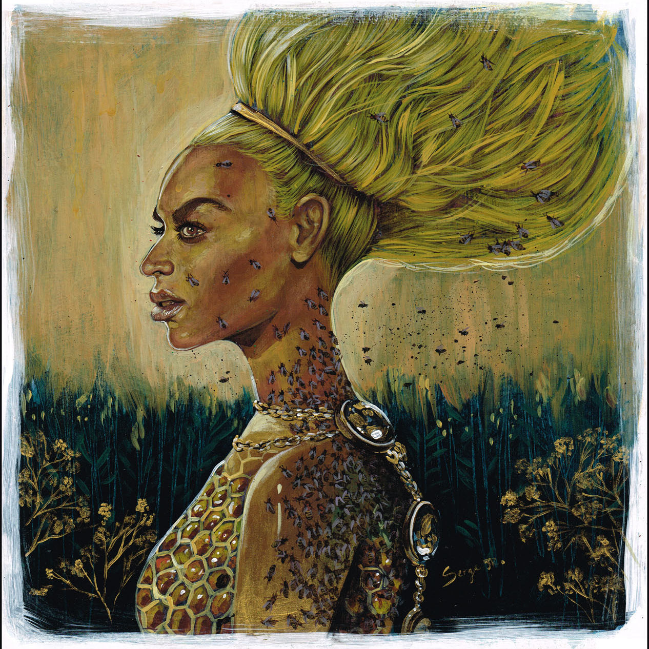 This vibrant illustration in Serge Gay Jr.s style captures a woman with windswept yellow hair adorned with bees, embodying Beyonces fierceness. Clad in honeycomb-patterned attire and a chunky necklace, she stands amid tall grass and flowers, creating an acrylic-on-paper vibe.