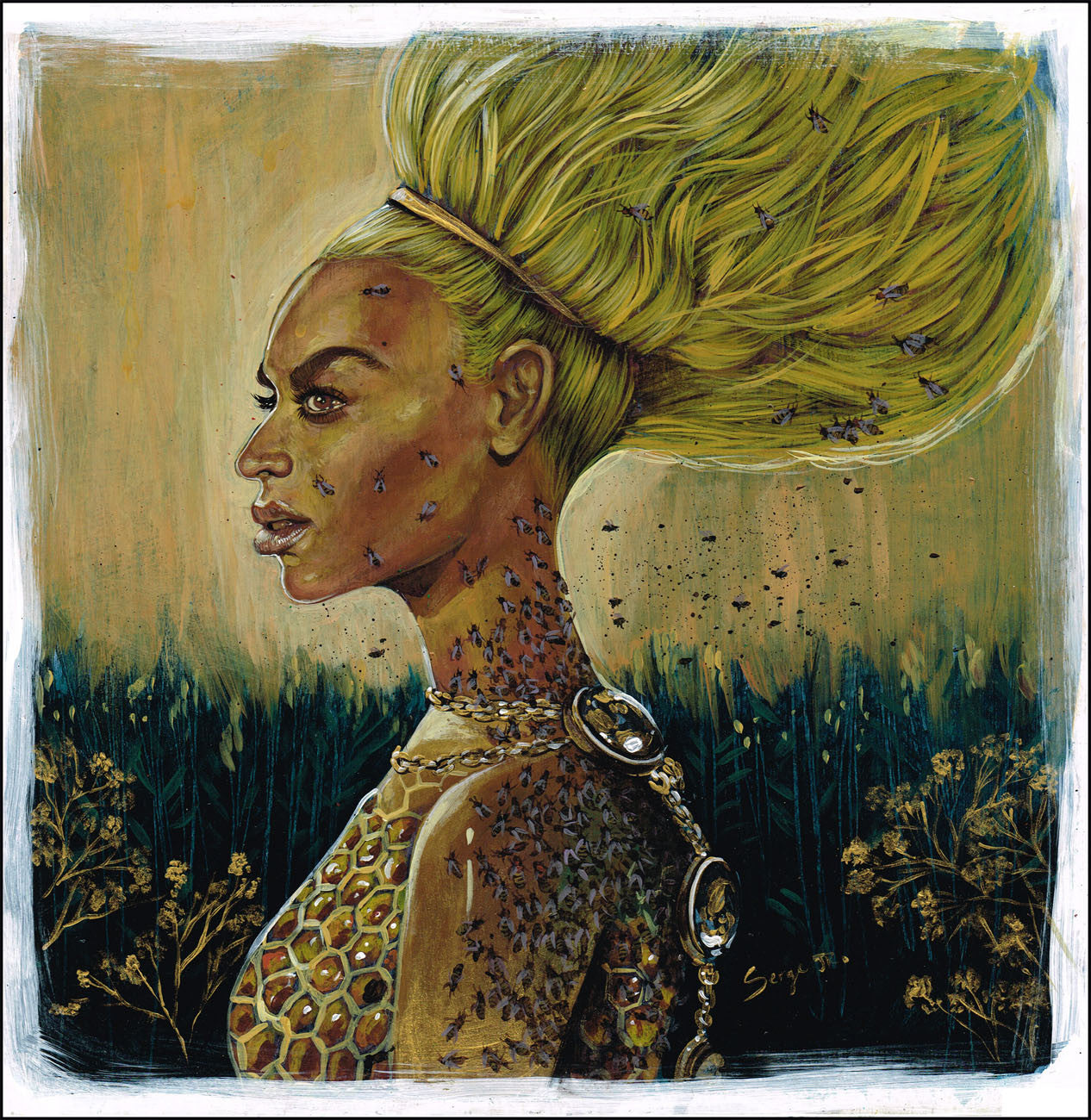 This vibrant illustration in Serge Gay Jr.s style captures a woman with windswept yellow hair adorned with bees, embodying Beyonces fierceness. Clad in honeycomb-patterned attire and a chunky necklace, she stands amid tall grass and flowers, creating an acrylic-on-paper vibe.