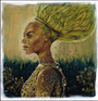 This vibrant illustration in Serge Gay Jr.s style captures a woman with windswept yellow hair adorned with bees, embodying Beyonces fierceness. Clad in honeycomb-patterned attire and a chunky necklace, she stands amid tall grass and flowers, creating an acrylic-on-paper vibe.