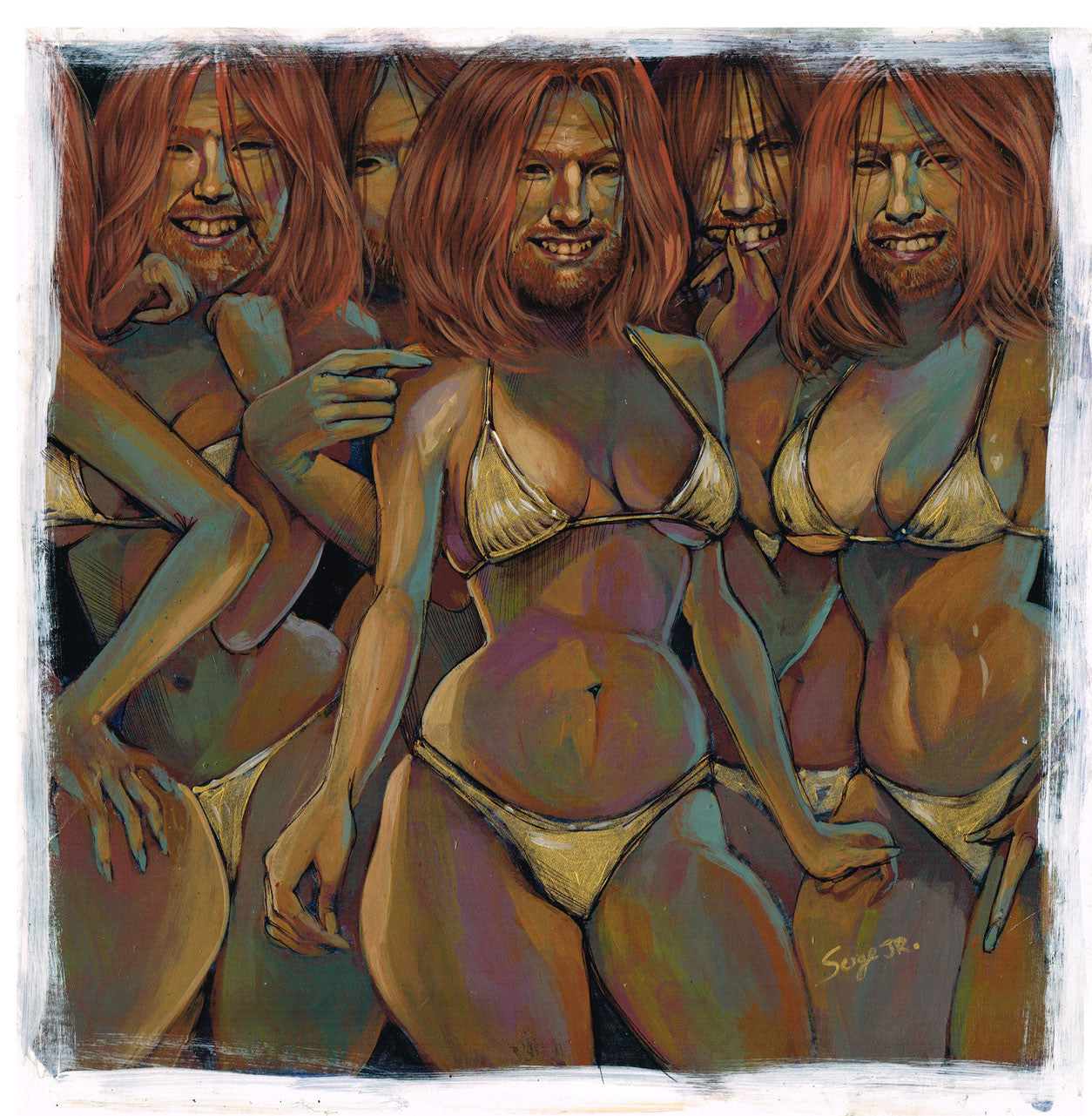 A surreal, striking Serge Gay Jr.-style painting features multiple red-haired, bearded figures in bikinis, crowded together with varied expressions and exaggerated stylized features.