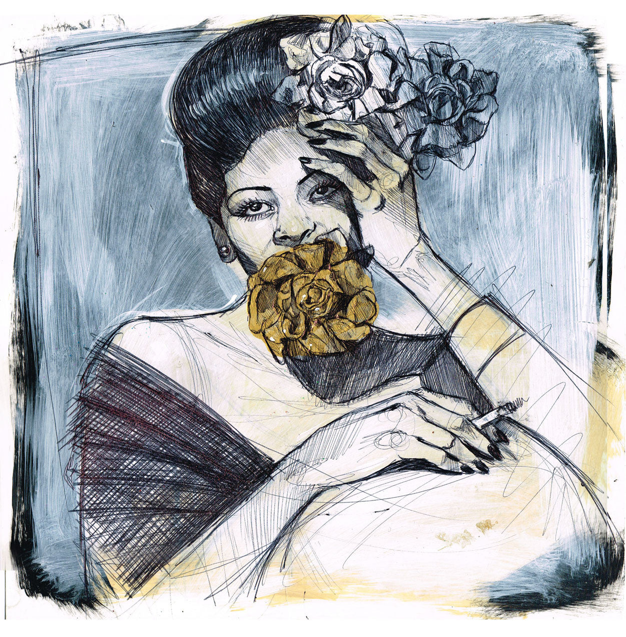 This abstract artwork, crafted by Serge Gay Jr., is inspired by Billie Holiday. It portrays a woman with dark hair, a flower in her hair, partially covered by her hand as she holds a cigarette. The background shows textured blue and cream shades using acrylic and pen on paper.