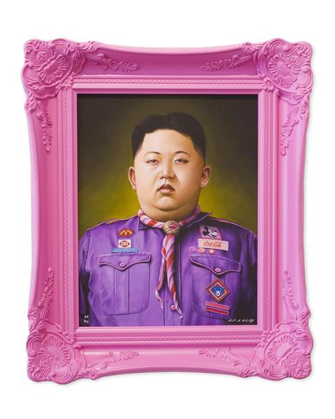 Scott Scheidly presents a limited edition framed fine art giclee print featuring a man in a purple scout uniform with patches, adorned with a pink scarf and badge. The ornate bright pink frame contrasts dramatically with the dark background for an intriguing visual effect.