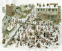 Scott C. captures a lively winter scene in watercolor style: a bustling snowy village square with dozens engaged in an energetic snowball fight, surrounded by old-fashioned buildings and streets, filled with laughter and interaction.