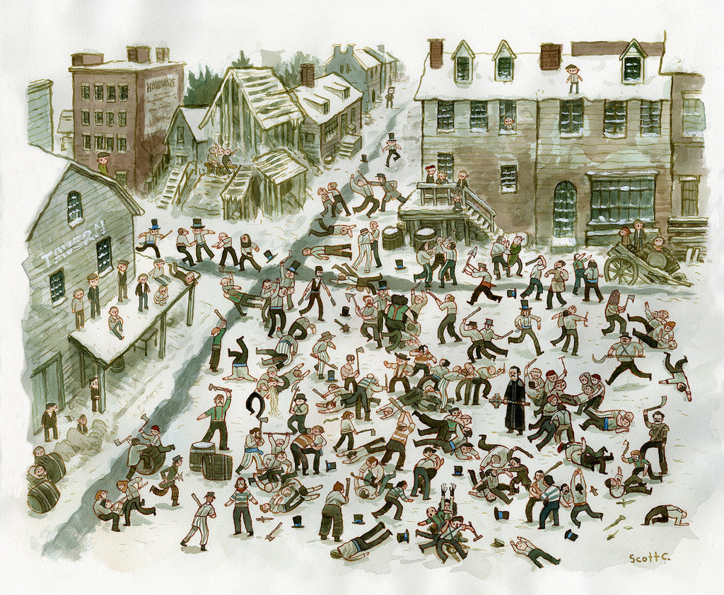 Scott C. captures a lively winter scene in watercolor style: a bustling snowy village square with dozens engaged in an energetic snowball fight, surrounded by old-fashioned buildings and streets, filled with laughter and interaction.