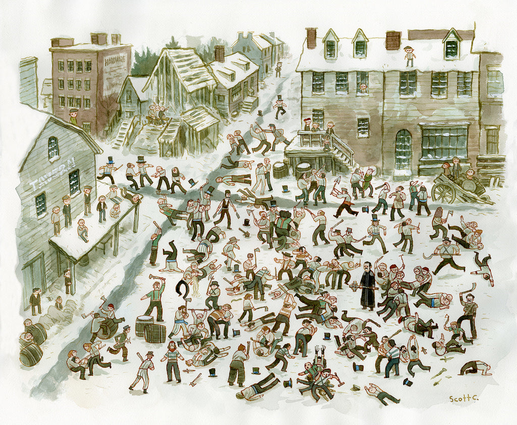 Scott Campbells limited edition giclee illustrates a bustling town square in winter, where people in historical clothing joyfully have snowball fights using barrels and crates as cover. Snow-covered buildings enhance this lively tribute to timeless charm and history.