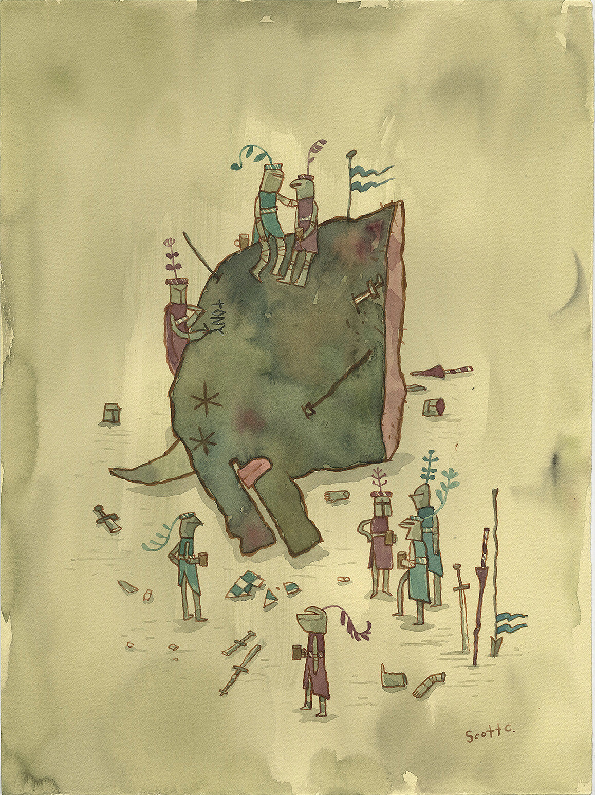 Scott Campbells watercolor on paper shows playful soldiers atop a giant green elephant slice with feathers and flags. Reminiscent of The Slayers, the scene includes ladders, helmets, and leaves, presented in a humorous, surreal style with muted colors.