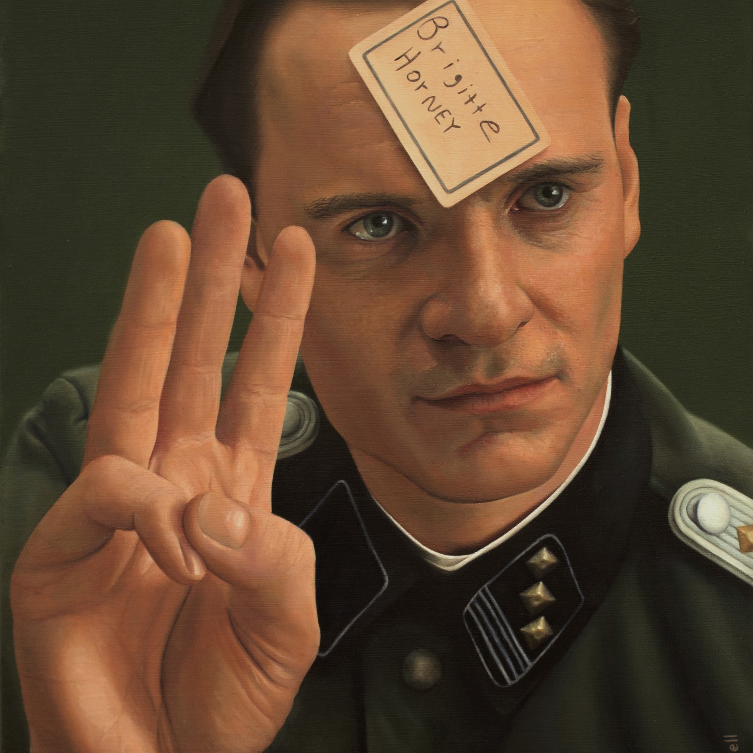 Amid an oil painting-like scene, someone in military uniform raises three fingers, reflecting Scott Mitchells Drei Gläser. A sticky note labeled Brigitte Horney is on their forehead as they stand with a solemn expression against a muted green backdrop.