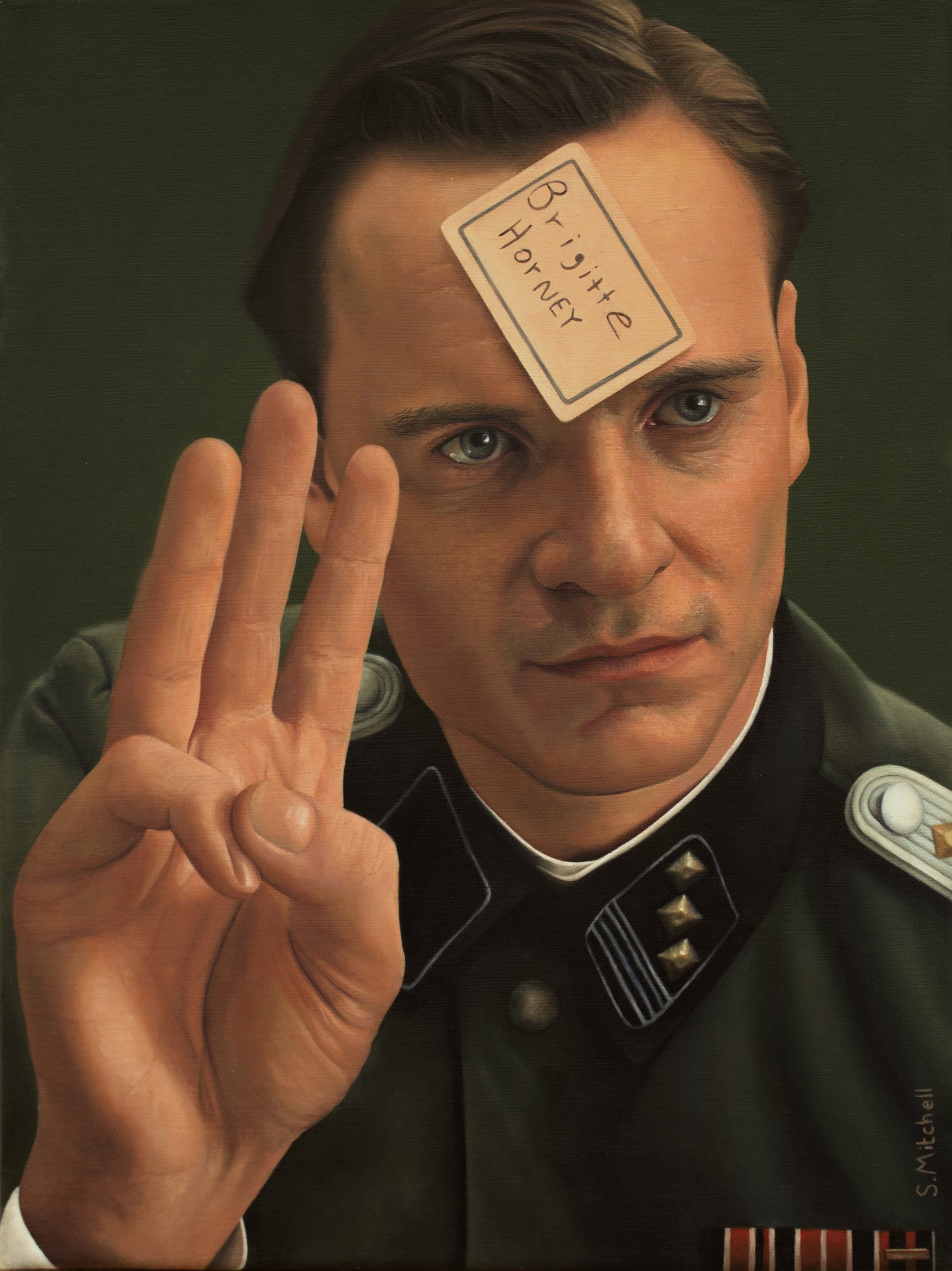 Amid an oil painting-like scene, someone in military uniform raises three fingers, reflecting Scott Mitchells Drei Gläser. A sticky note labeled Brigitte Horney is on their forehead as they stand with a solemn expression against a muted green backdrop.