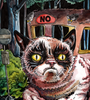 In Tim Doyles whimsical parody art, a grumpy cat with intense yellow eyes stands in front of a bus labeled NO in a surreal forest. Two mischievous mice peer from the bus windows, while trees and a bus stop sign add to the engaging scene.