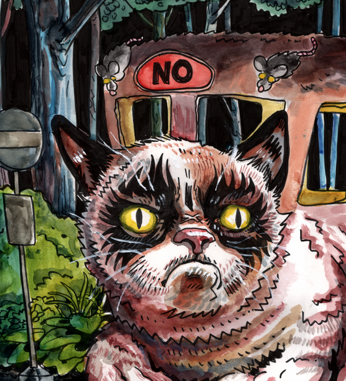 In Tim Doyles whimsical parody art, a grumpy cat with intense yellow eyes stands in front of a bus labeled NO in a surreal forest. Two mischievous mice peer from the bus windows, while trees and a bus stop sign add to the engaging scene.