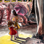 A woman with an umbrella and a little girl in dresses stand before a large, furry creature with claws against a forest background. This colorful, whimsical scene by Tim Doyle evokes fine art with parody, reminiscent of the charm found in the Lil Bub art show.