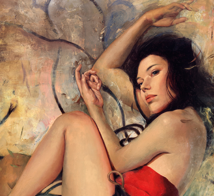 This limited edition fine art giclee print features a contemplative woman with dark hair wrapped in red cloth, set against an abstract, ethereal backdrop of muted colors reminiscent of Soey Milks style.