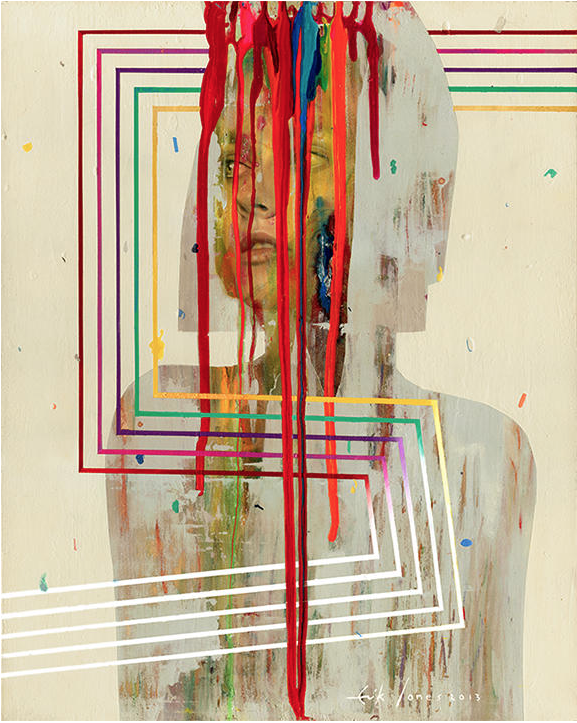 This limited edition Erik Jones print showcases an abstract silhouette entwined with multicolored geometric lines and vertical paint drips. Vibrant red, yellow, green, and blue streams obscure the face on a muted beige background.