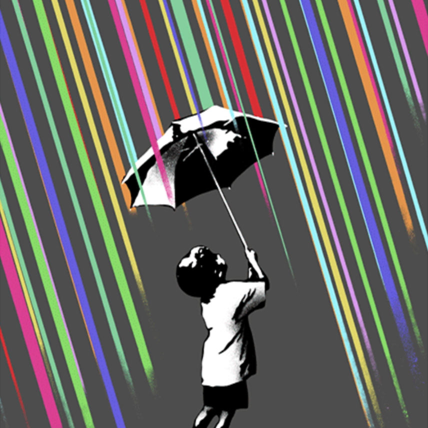 A child with an umbrella gazes at diagonal colorful rain in this Eelus 3D Lenticular print. Signed, numbered, and framed, it features vibrant colors on gray with the child in black and white for a striking contrast.
