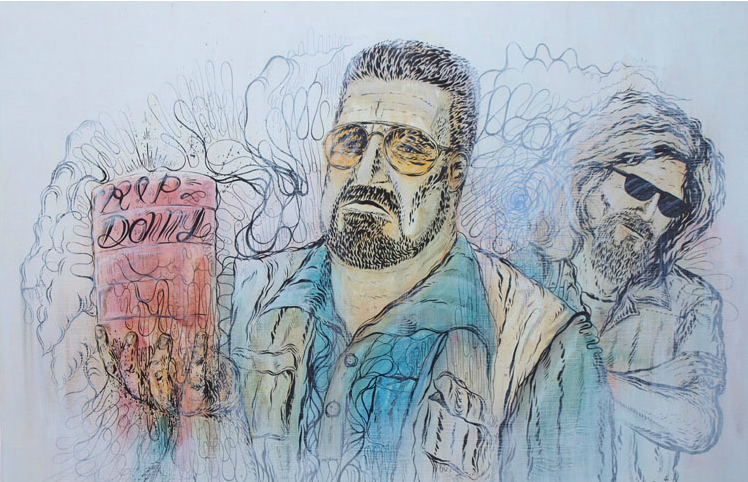 Illustration by Justin Lovato featuring two men in sunglasses with a sketchy, watercolor-like style. The front man holds a cup labeled RIP Donny, while the other stands crossed-armed behind. Abstract lines fill the background.