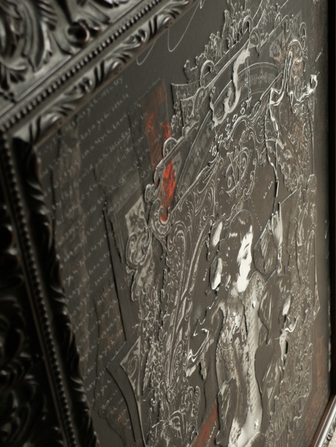An abstract artwork, Broken Geisha No. 3 by Handiedan, features intricate gray and red mixed media patterns within a detailed frame adorned with elaborate floral and scroll motifs for a layered visual effect.