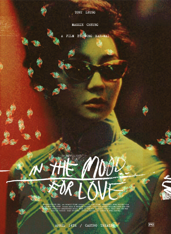 The Adam Juresko poster for In the Mood for Love is a stunning giclee print featuring a person in sunglasses against a floral pattern. The title and cast names, Tony Leung and Maggie Cheung, are elegantly displayed, celebrating the films release at the iconic Castro Theatre.