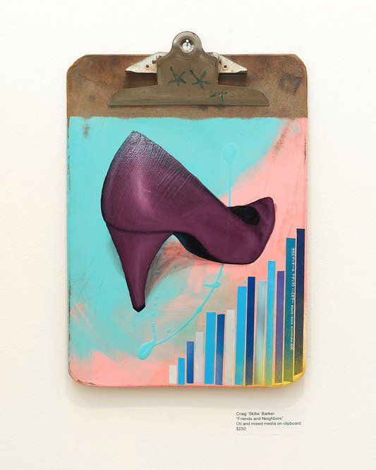 A clipboard artwork by Craig Skibs Barker features a purple high-heeled shoe against a teal and pink backdrop, with multicolored vertical bars resembling a bar graph below. A metallic clip tops the clipboard.