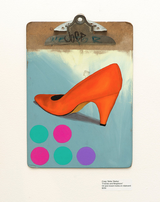 A clipboard showcases an orange high-heeled shoe on a teal background, accented by six circles in pink, teal, and purple. Crafted using oil and mixed media for a textured finish, it includes Craig Skibs Barkers name, title, and price on a label.