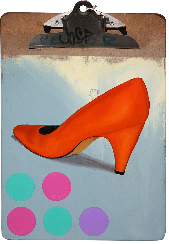 A clipboard art piece by Craig Skibs Barker showcases an orange high-heeled shoe painted on a blue background. Vibrant circles of pink, turquoise, and purple beneath the shoe add an intriguing layer to this mixed media oil creation.