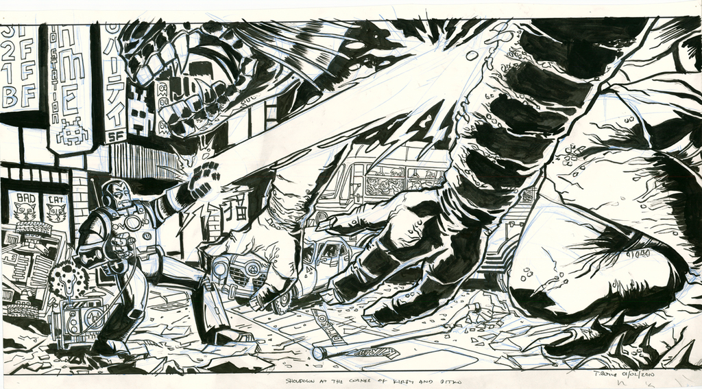 A Tim Doyle comic-style drawing shows a robot battling a giant monster in a city street, reminiscent of classic superhero art. The robot fires a beam at the scaly, clawed creature amid debris and ruined buildings, creating chaos similar to Black Cat Bones album covers.