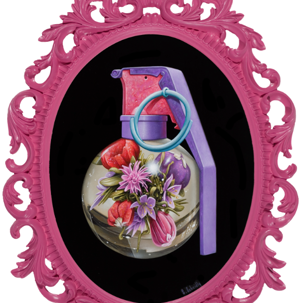 An oval pink ornate frame from Scott Scheidlys The Pinks at Spoke Art Gallery features a hand grenade with vibrant pink and purple flowers on a black backdrop, showcasing his signature style with the pin and handle visible.