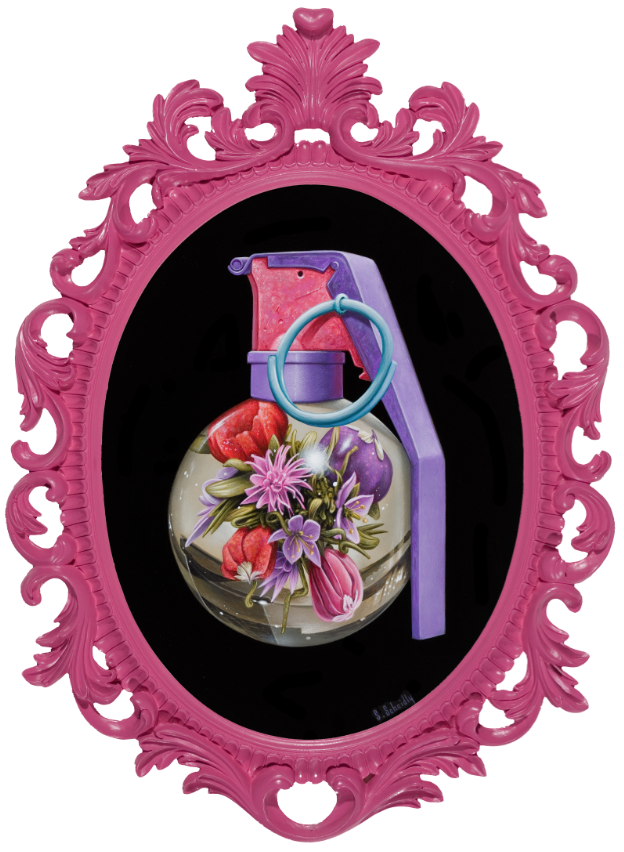 An oval pink ornate frame from Scott Scheidlys The Pinks at Spoke Art Gallery features a hand grenade with vibrant pink and purple flowers on a black backdrop, showcasing his signature style with the pin and handle visible.