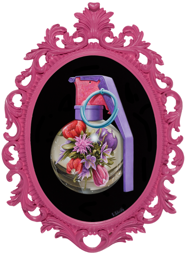 An oval pink ornate frame from Scott Scheidlys The Pinks at Spoke Art Gallery features a hand grenade with vibrant pink and purple flowers on a black backdrop, showcasing his signature style with the pin and handle visible.